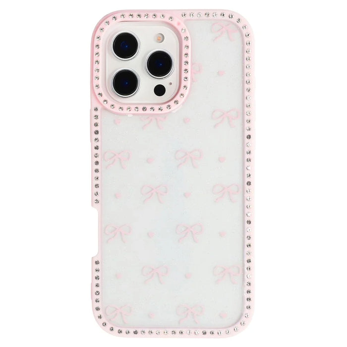 For iPhone 16 Pro Max Case Epoxy Design TPU + PC Phone Cover with Bowknot Pattern, Rhinestone Decor - Pink - 3