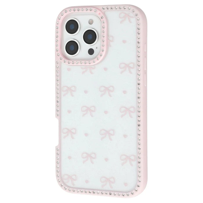 For iPhone 16 Pro Max Case Epoxy Design TPU + PC Phone Cover with Bowknot Pattern, Rhinestone Decor - Pink - 4
