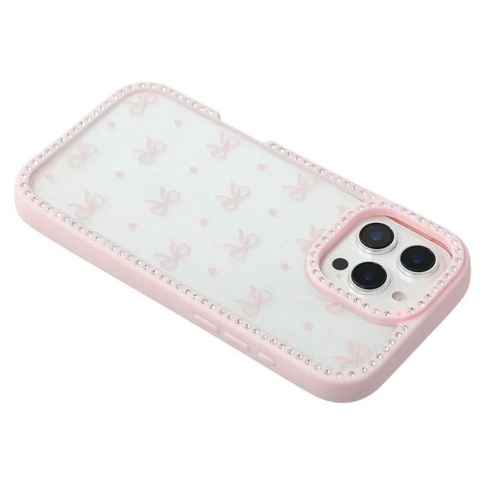 For iPhone 16 Pro Max Case Epoxy Design TPU + PC Phone Cover with Bowknot Pattern, Rhinestone Decor - Pink - 6
