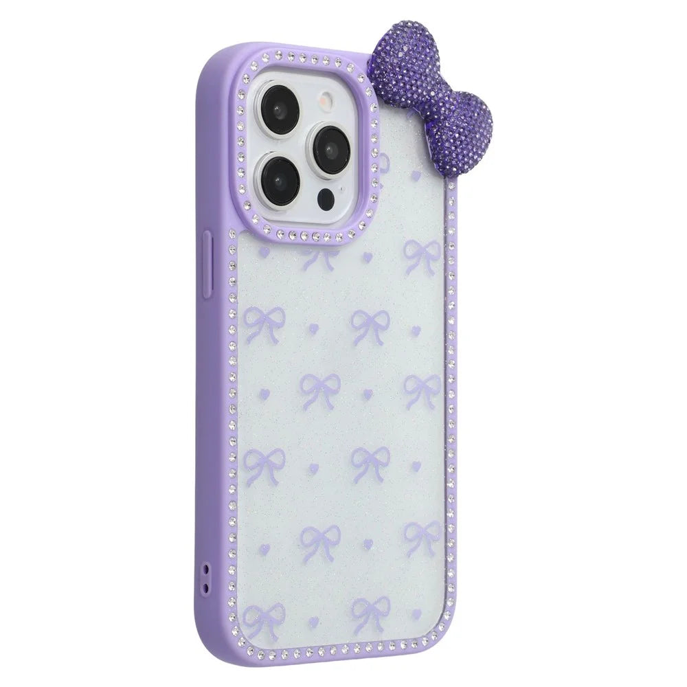 For iPhone 15 Pro Max Case Epoxy Design TPU + PC Phone Back Cover with Bow, Rhinestone Decor - Purple - 1