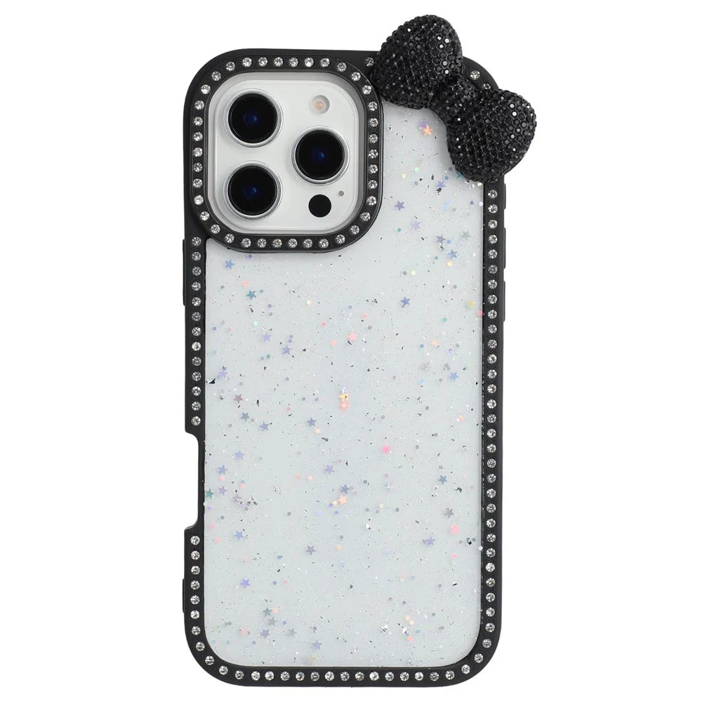 For iPhone 16 Pro Max Case Star Epoxy Design TPU + PC Phone Cover with Rhinestones  /  Bow Tie Decor - Black - 3