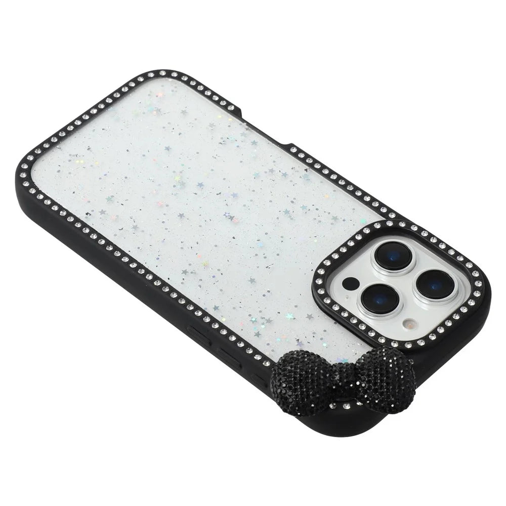 For iPhone 16 Pro Max Case Star Epoxy Design TPU + PC Phone Cover with Rhinestones  /  Bow Tie Decor - Black - 5