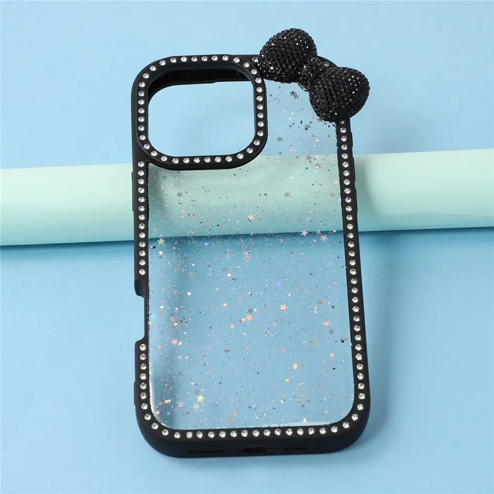 For iPhone 16 Pro Max Case Star Epoxy Design TPU + PC Phone Cover with Rhinestones  /  Bow Tie Decor - Black - 7