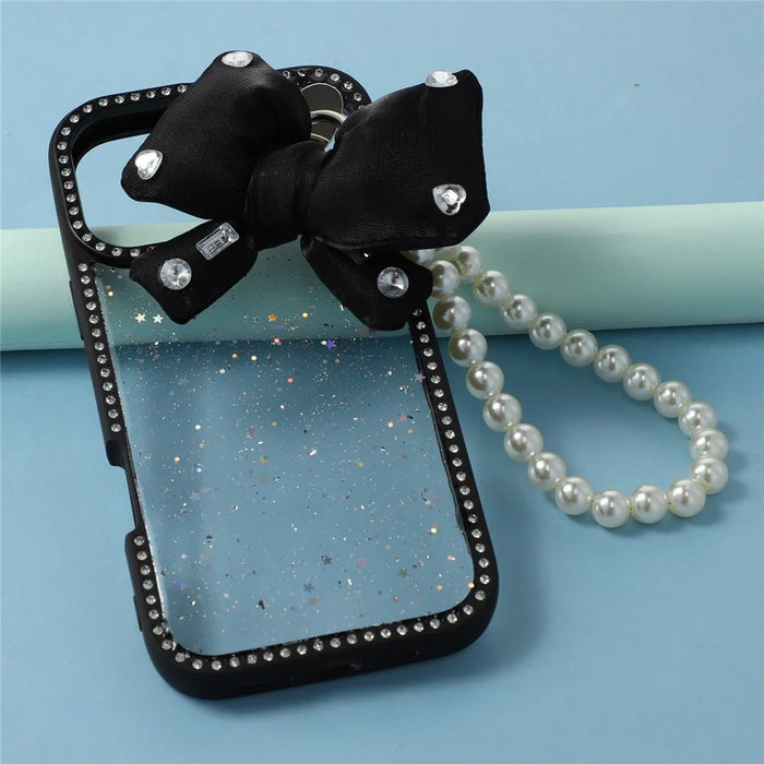 For iPhone 16 Pro Max Case Glitter Epoxy Design TPU + PC Phone Back Cover with Bow Strap, Rhinestone Decor - Black - 7