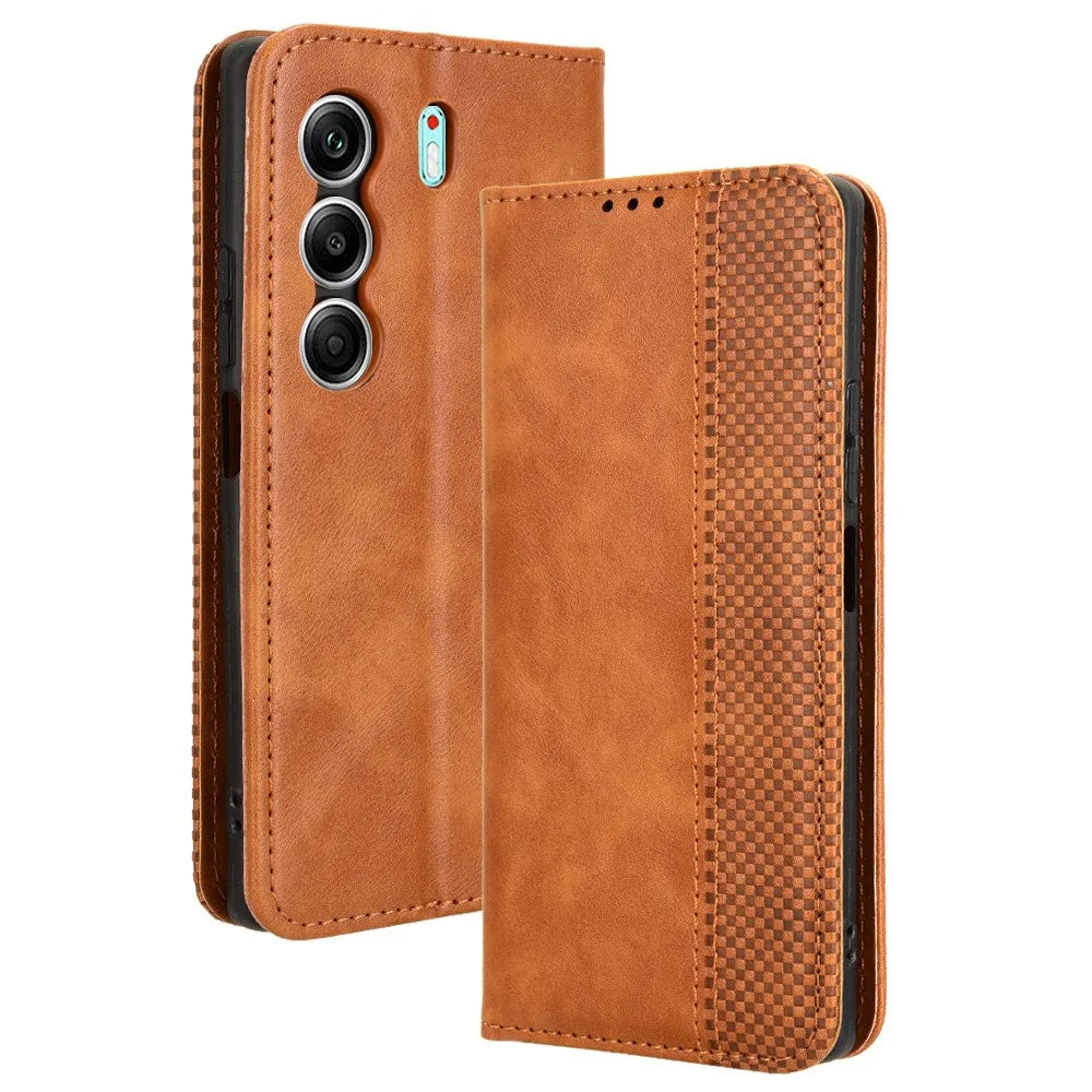 For TECNO Camon 40 4G CM5 Leather Case Wallet Stand Retro Texture Phone Cover - Brown - 1