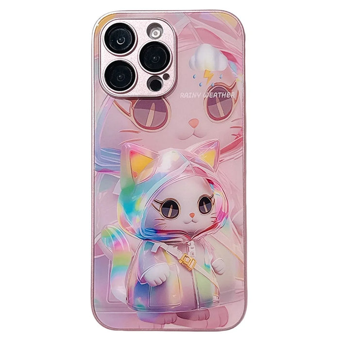 For iPhone 15 Pro Max Case Mirror Painted Kitten Design TPU + Acrylic Phone Cover - Pink - 1