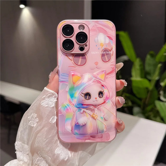 For iPhone 15 Pro Max Case Mirror Painted Kitten Design TPU + Acrylic Phone Cover - Pink - 2