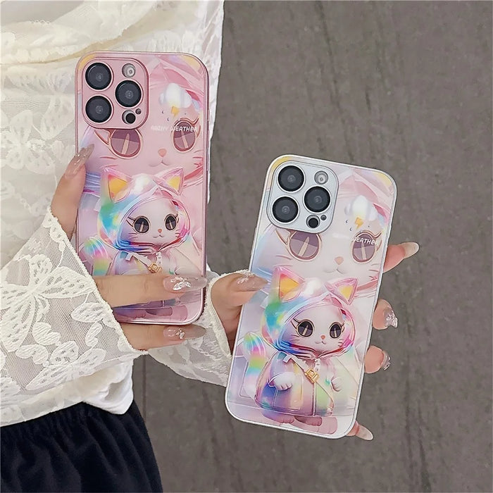For iPhone 15 Pro Max Case Mirror Painted Kitten Design TPU + Acrylic Phone Cover - Pink - 5