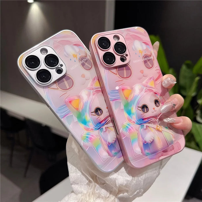 For iPhone 15 Pro Max Case Mirror Painted Kitten Design TPU + Acrylic Phone Cover - Pink - 6