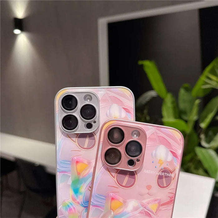 For iPhone 15 Pro Max Case Mirror Painted Kitten Design TPU + Acrylic Phone Cover - Pink - 7