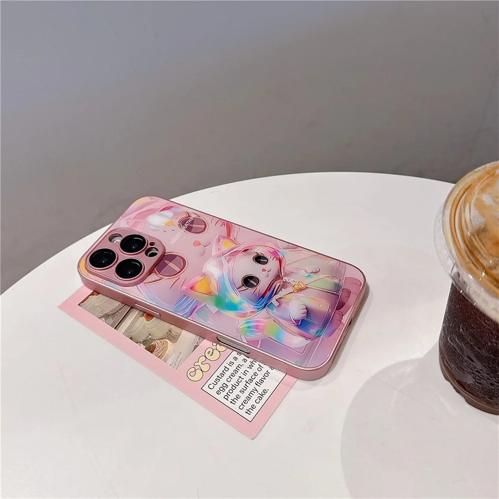 For iPhone 15 Pro Case Mirror Painted Kitten Design TPU + Acrylic Phone Cover - Pink - 3