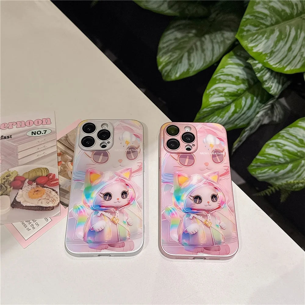 For iPhone 15 Pro Case Mirror Painted Kitten Design TPU + Acrylic Phone Cover - Pink - 4
