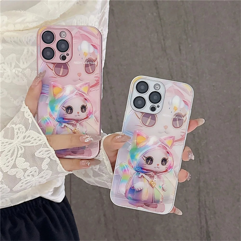 For iPhone 15 Pro Case Mirror Painted Kitten Design TPU + Acrylic Phone Cover - Pink - 5