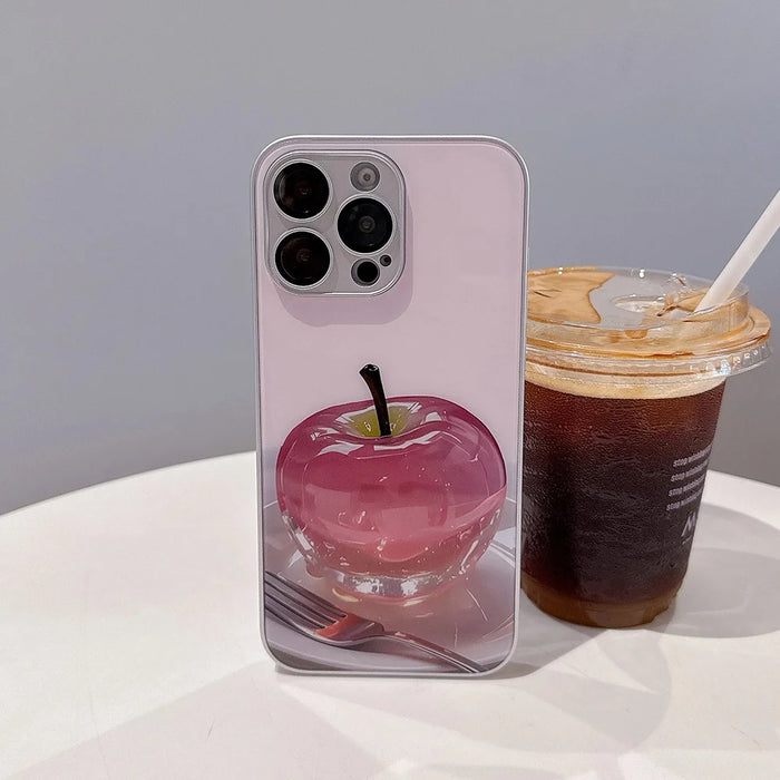 For iPhone 15 Pro Max Case Mirror Painted Fruit Pattern TPU + Acrylic Phone Cover - Cherry - 3