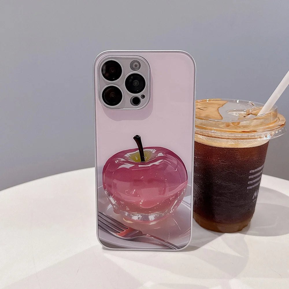 For iPhone 15 Pro Case Mirror Painted Fruit Pattern TPU + Acrylic Phone Cover - Cherry - 3
