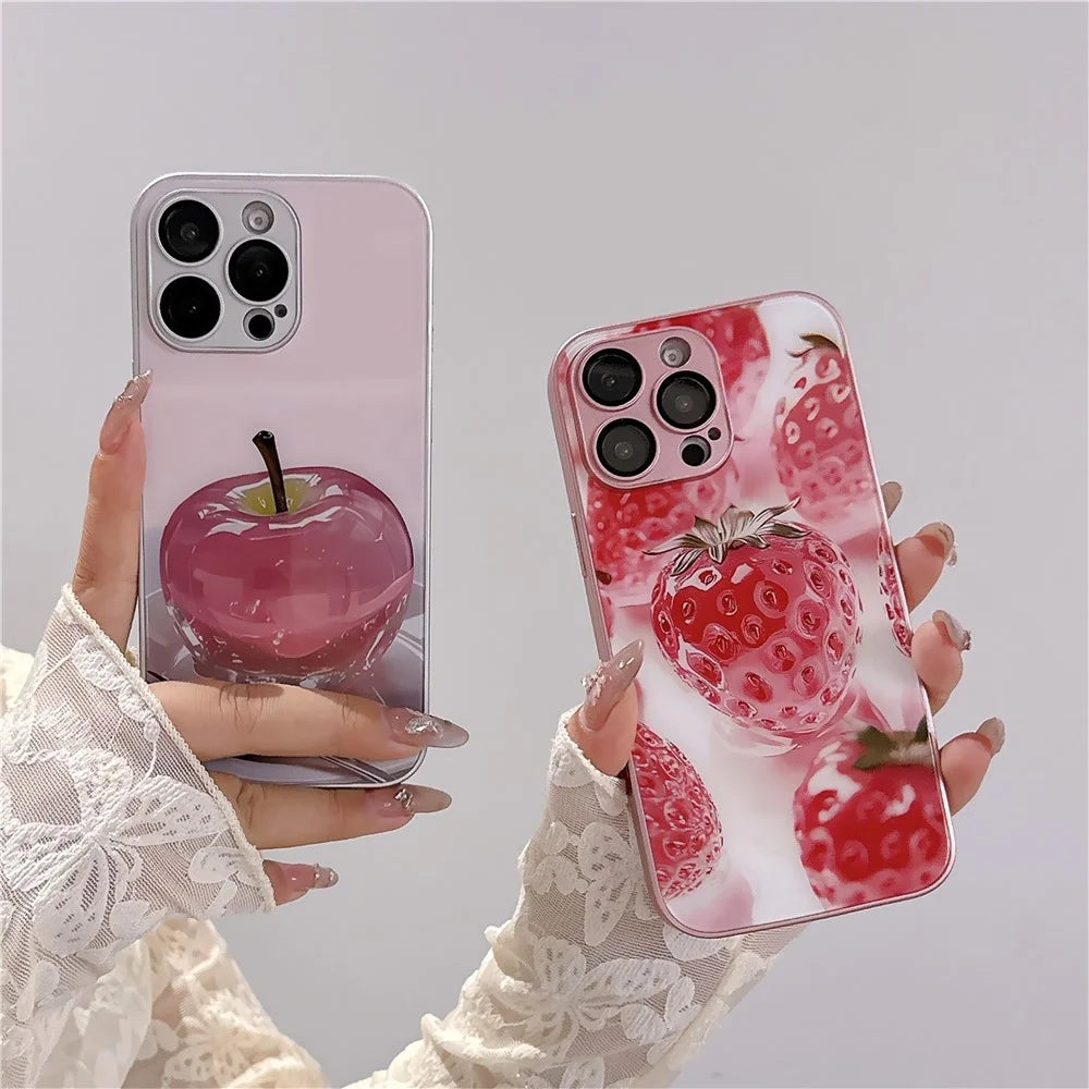 For iPhone 15 Pro Case Mirror Painted Fruit Pattern TPU + Acrylic Phone Cover - Cherry - 4