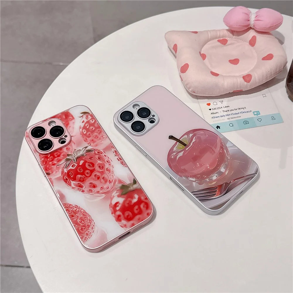 For iPhone 15 Pro Case Mirror Painted Fruit Pattern TPU + Acrylic Phone Cover - Cherry - 5
