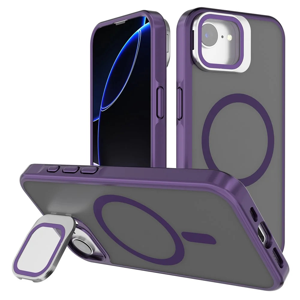 For iPhone 17e / 16e Case Compatible with MagSafe Lens Kickstand PC + TPU Matte Phone Cover - Dark Purple - 1