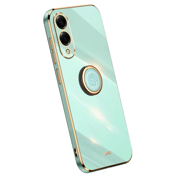 XINLI For Samsung Galaxy S25 Edge Case Ring Kickstand Electroplating TPU Phone Cover - Cyan - 1
