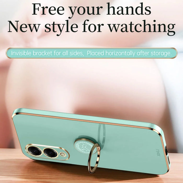 XINLI For Samsung Galaxy S25 Edge Case Ring Kickstand Electroplating TPU Phone Cover - Cyan - 3