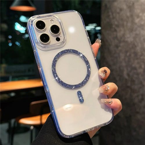For iPhone 16 Pro Max Case Compatible with MagSafe Glitter Ring TPU + Acrylic Clear Phone Cover Airbag Protection - Blue - 1
