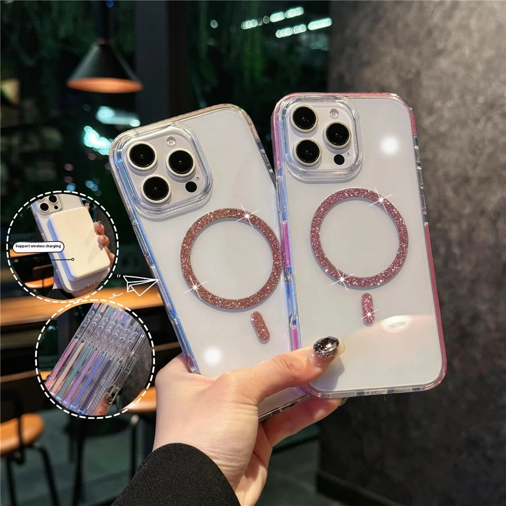 For iPhone 16 Pro Max Case Compatible with MagSafe Glitter Ring TPU + Acrylic Clear Phone Cover Airbag Protection - Blue - 4