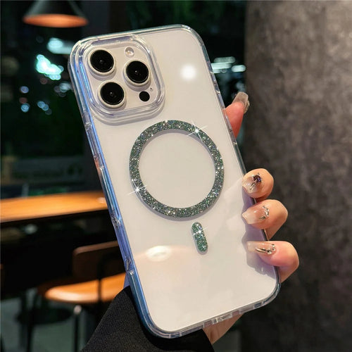 For iPhone 16 Pro Case Compatible with MagSafe Glitter Ring TPU + Acrylic Clear Phone Cover Airbag Protection - Green - 1