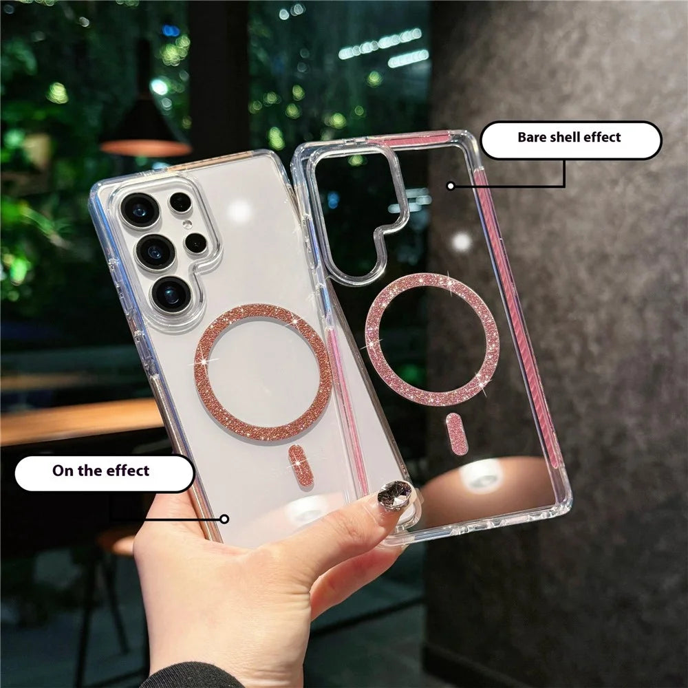 For Samsung Galaxy S25 Ultra Magnetic Case Glitter Ring TPU + Acrylic Clear Phone Cover Airbag Protection - Silver - 2