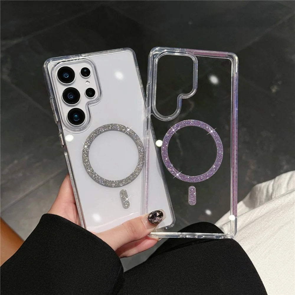 For Samsung Galaxy S25 Ultra Magnetic Case Glitter Ring TPU + Acrylic Clear Phone Cover Airbag Protection - Silver - 3