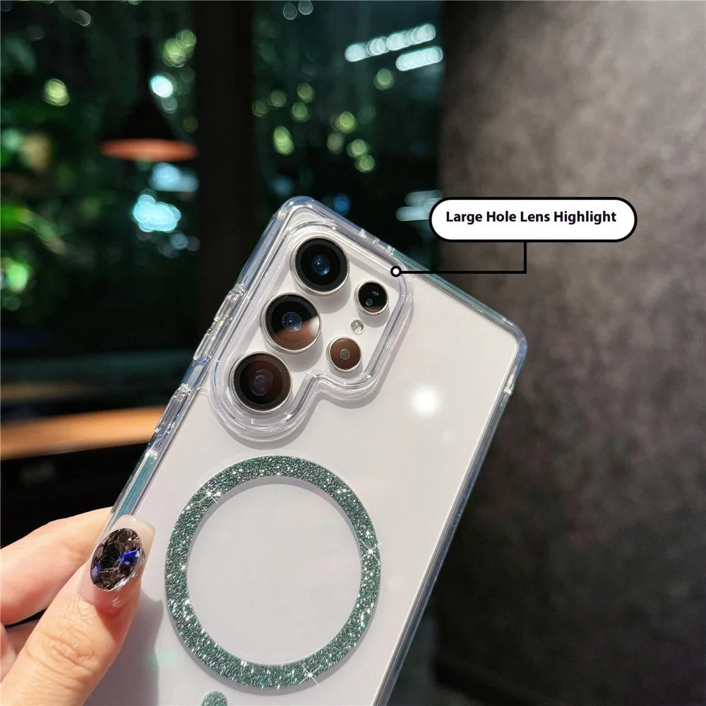 For Samsung Galaxy S25 Ultra Magnetic Case Glitter Ring TPU + Acrylic Clear Phone Cover Airbag Protection - Silver - 5