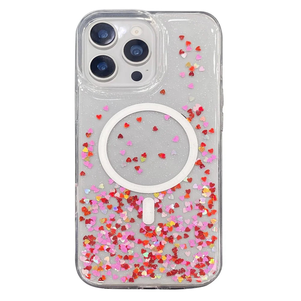 MOBEST For iPhone 15 Pro Max Magnetic Case Heart Shape Glitter Design TPU + PC Phone Cover - 1