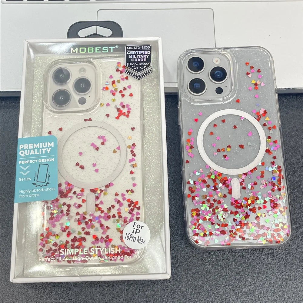 MOBEST For iPhone 15 Pro Max Magnetic Case Heart Shape Glitter Design TPU + PC Phone Cover - 7