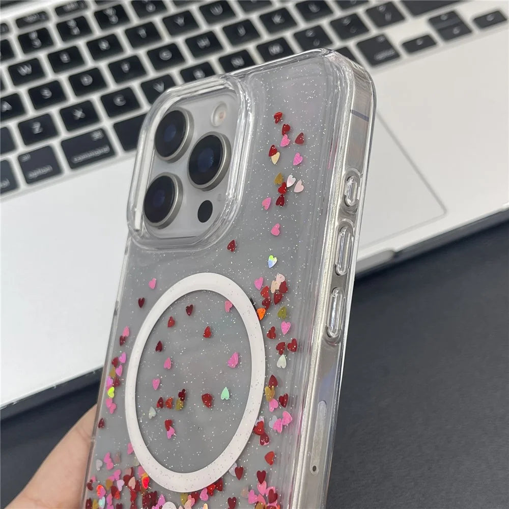 MOBEST For iPhone 15 Pro Magnetic Case Heart Shape Glitter Design TPU + PC Phone Cover - 2