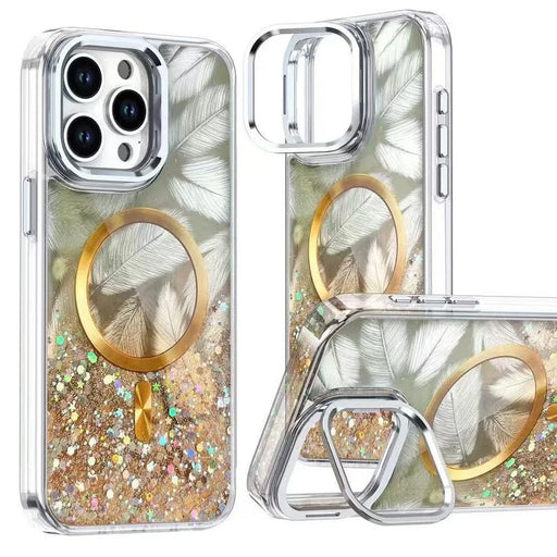 MOBEST For iPhone 15 Pro Max Magnetic Case Lens Frame Kickstand Epoxy Design TPU + PC Phone Back Cover - Gold - 1