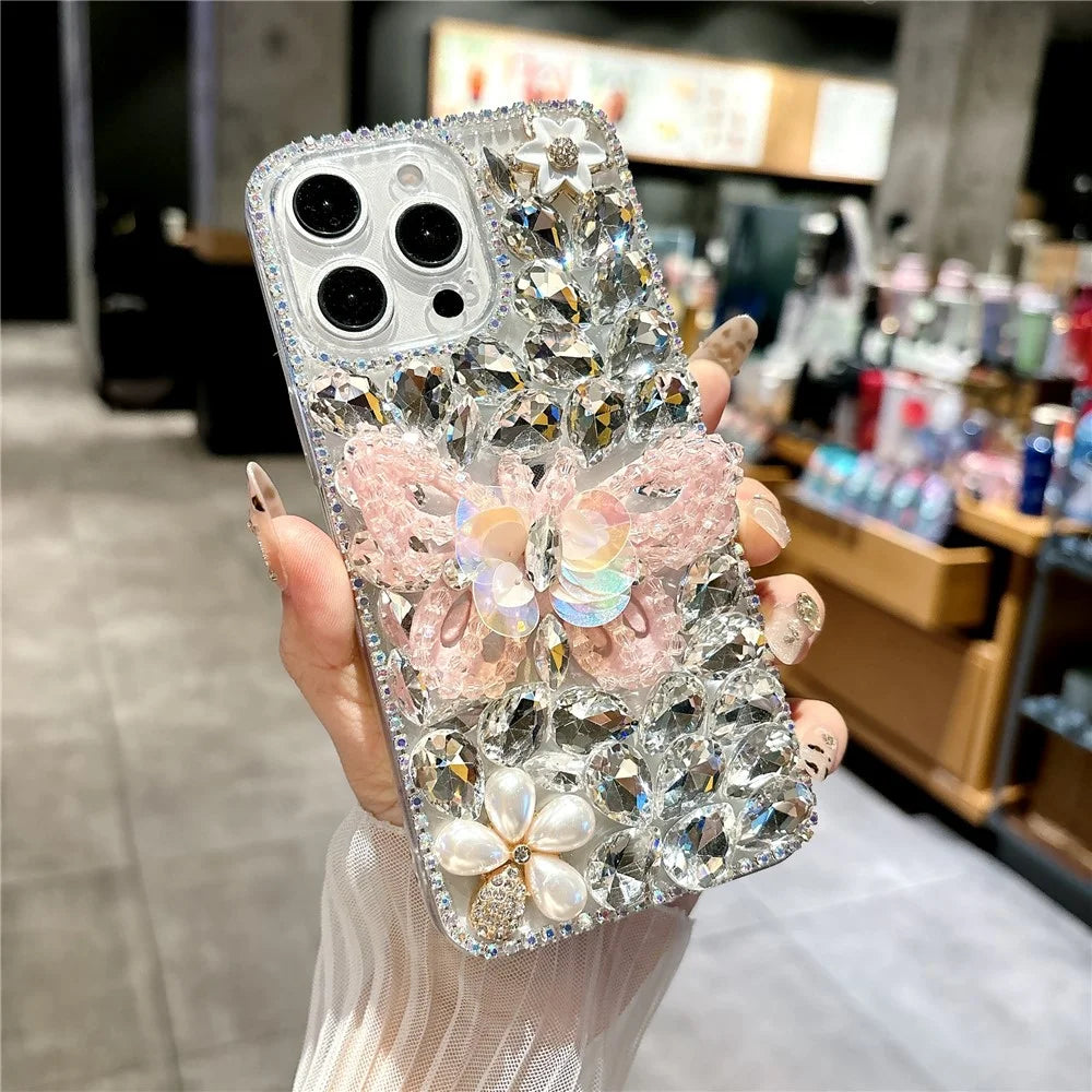For iPhone 15 Pro Case Glass Rhinestone Decor Butterfly Pattern TPU Phone Back Cover - Pink - 4