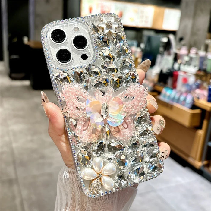 For iPhone 15 Pro Max Case Glass Rhinestone Decor Butterfly Pattern TPU Phone Back Cover - Pink - 1