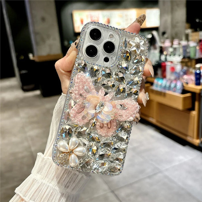 For iPhone 15 Pro Max Case Glass Rhinestone Decor Butterfly Pattern TPU Phone Back Cover - Pink - 2