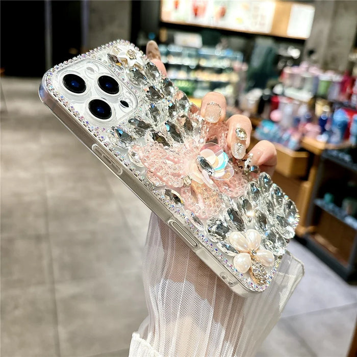 For iPhone 15 Pro Max Case Glass Rhinestone Decor Butterfly Pattern TPU Phone Back Cover - Pink - 4