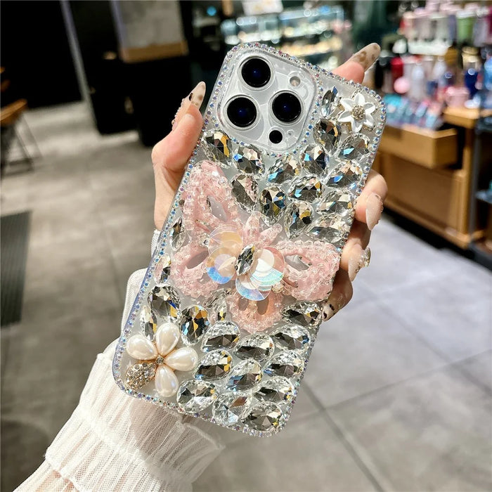 For iPhone 15 Pro Max Case Glass Rhinestone Decor Butterfly Pattern TPU Phone Back Cover - Pink - 5