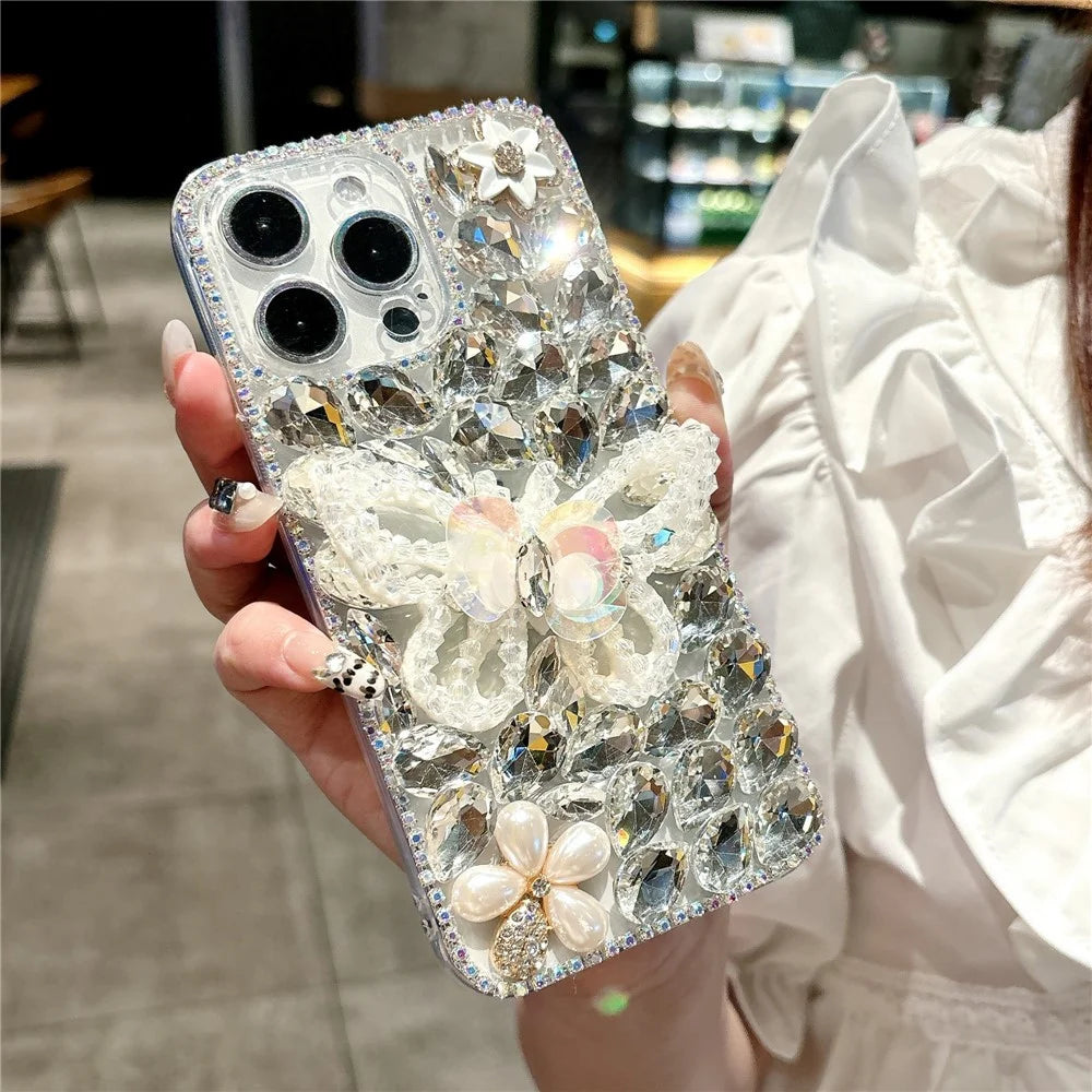 For iPhone 16 Pro Case Glass Rhinestone Decor Butterfly Pattern TPU Phone Back Cover - White - 1