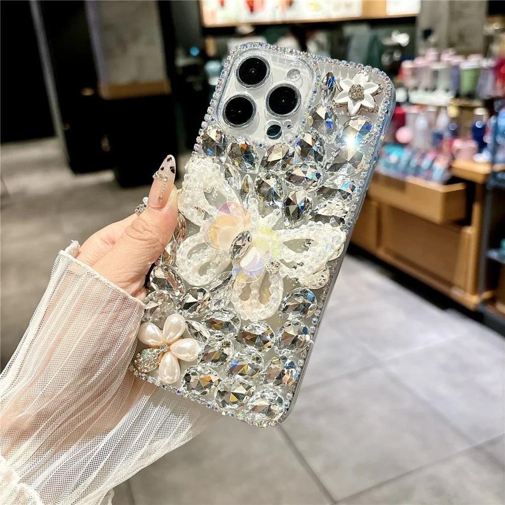For iPhone 16 Pro Case Glass Rhinestone Decor Butterfly Pattern TPU Phone Back Cover - White - 2
