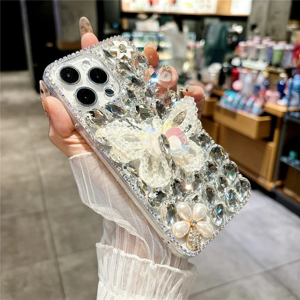 For iPhone 16 Pro Case Glass Rhinestone Decor Butterfly Pattern TPU Phone Back Cover - White - 3