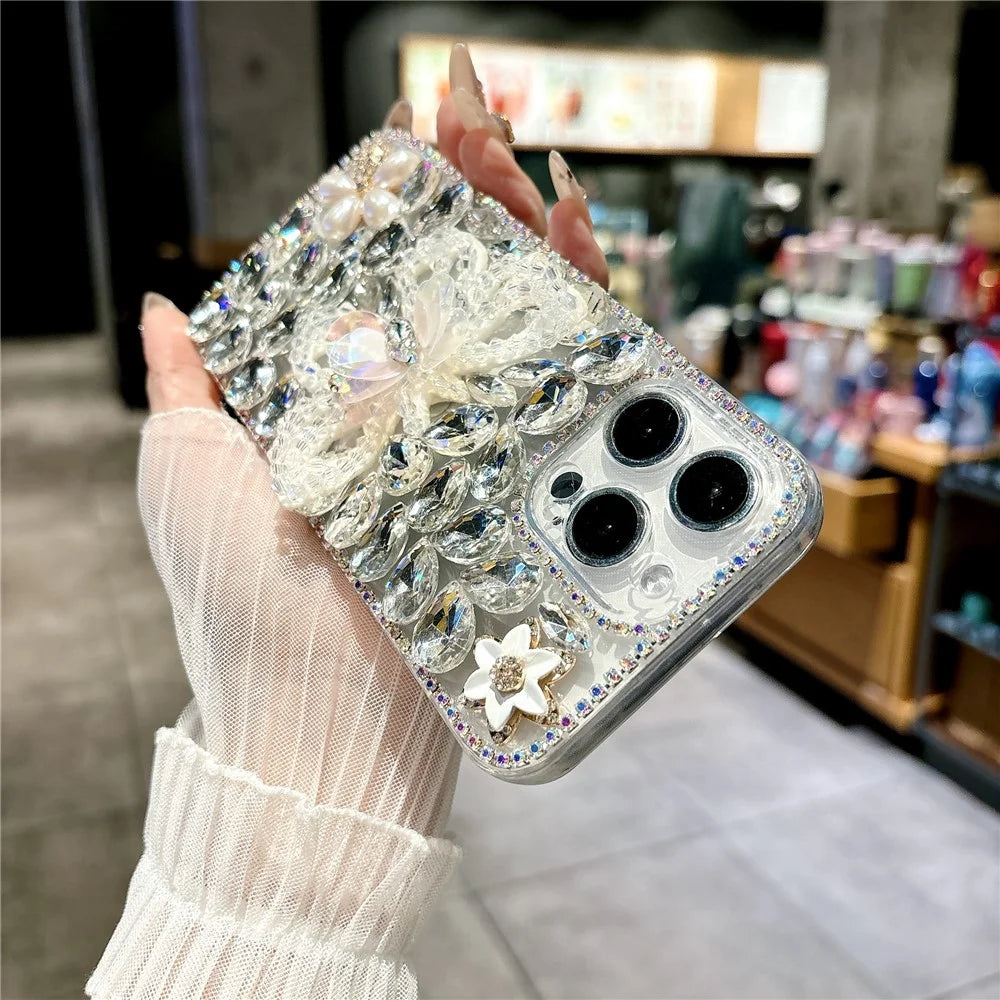For iPhone 16 Pro Case Glass Rhinestone Decor Butterfly Pattern TPU Phone Back Cover - White - 4