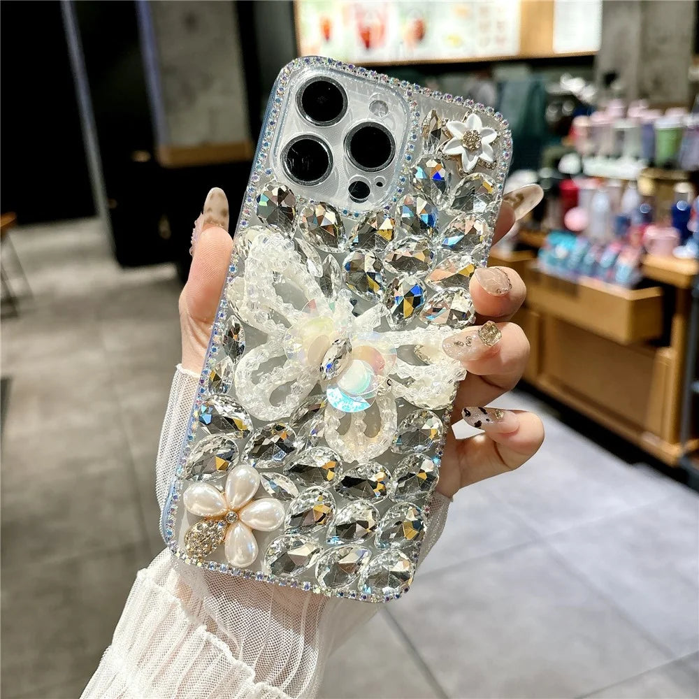 For iPhone 16 Pro Case Glass Rhinestone Decor Butterfly Pattern TPU Phone Back Cover - White - 5