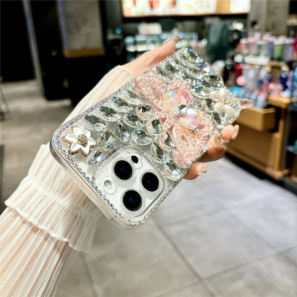 For iPhone 16 Pro Case Glass Rhinestone Decor Butterfly Pattern TPU Phone Back Cover - White - 6