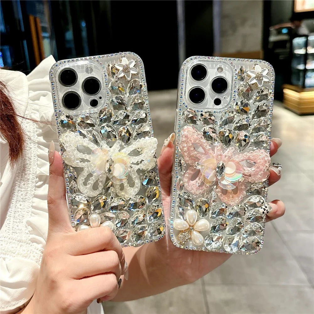For iPhone 16 Pro Case Glass Rhinestone Decor Butterfly Pattern TPU Phone Back Cover - White - 7