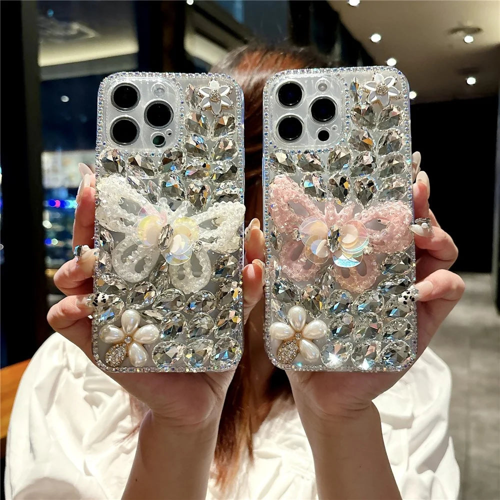 For iPhone 16 Pro Max Case Glass Rhinestone Decor Butterfly Pattern TPU Phone Back Cover - Pink - 7