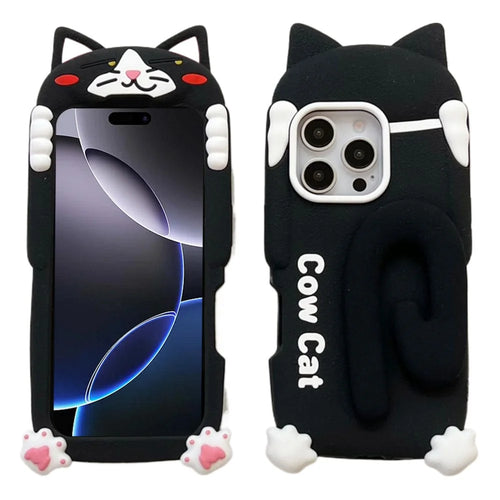 For iPhone 16 Pro Max Silicone Case Cow Cat Tail Kickstand Anti Drop  Phone Back Cover - 1