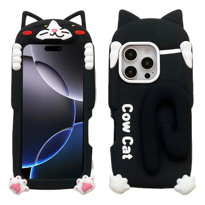 For iPhone 16 Pro Max Silicone Case Cow Cat Tail Kickstand Anti Drop  Phone Back Cover - 1