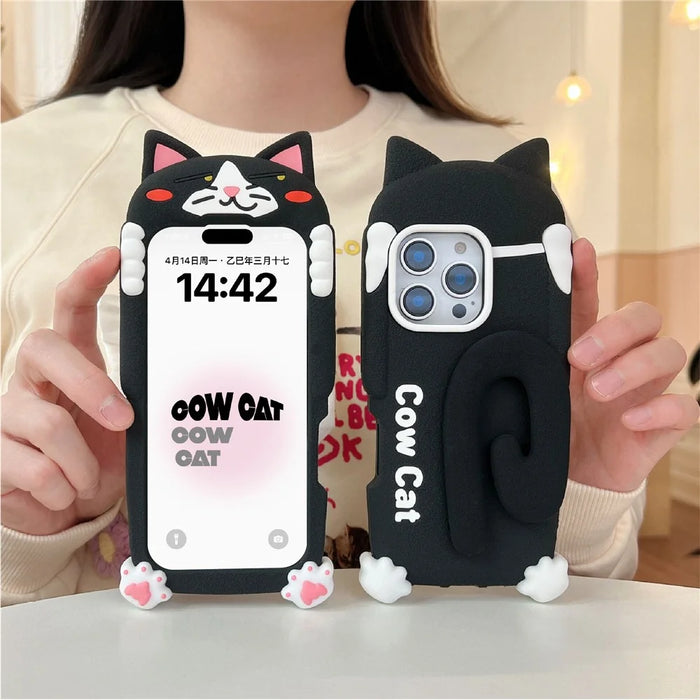 For iPhone 16 Pro Max Silicone Case Cow Cat Tail Kickstand Anti Drop  Phone Back Cover - 2